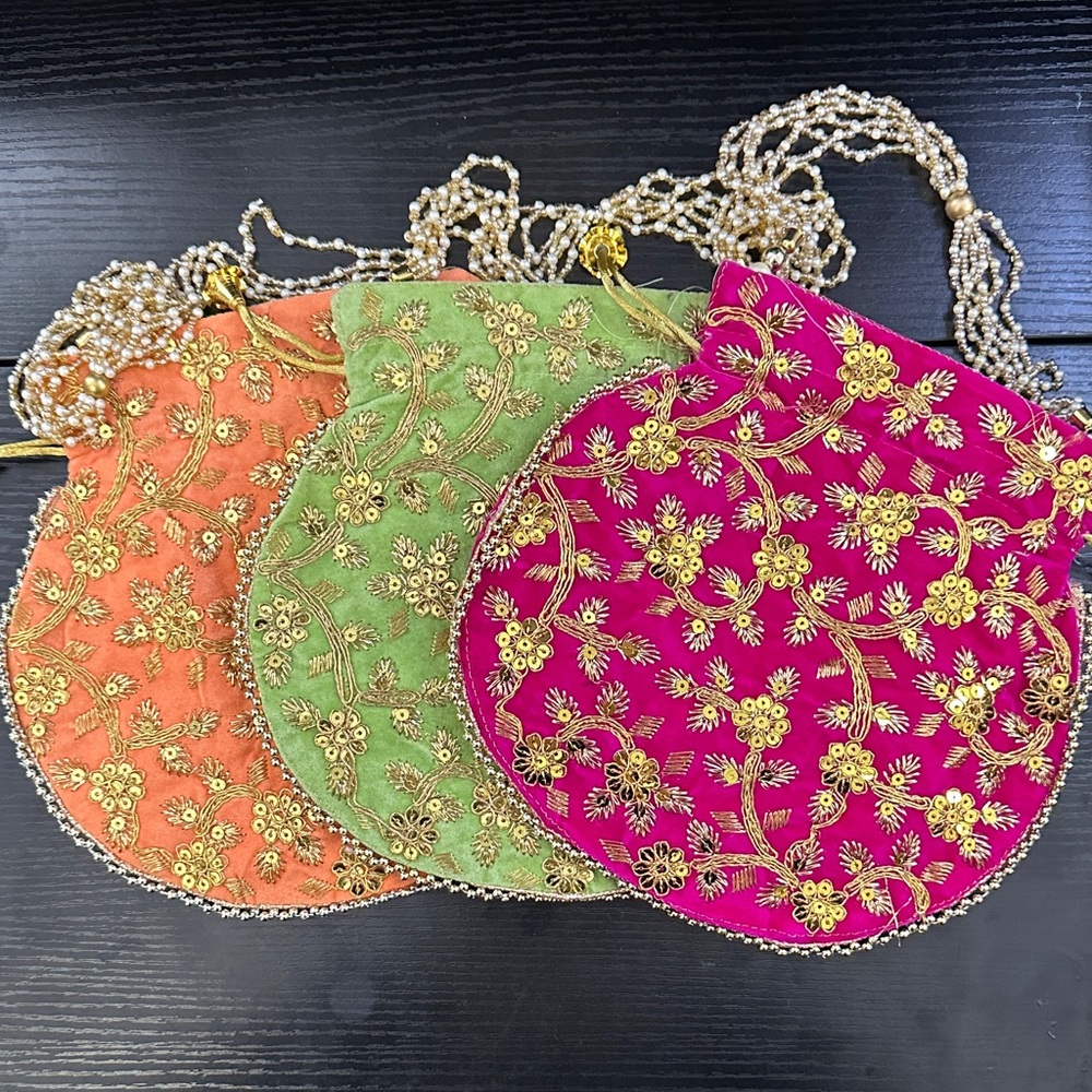 Traditional Indian Potli Bag with gold embroidery & faux Pearls/Champagne beads